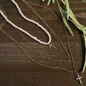 Layered beaded white & gold gem cross necklace